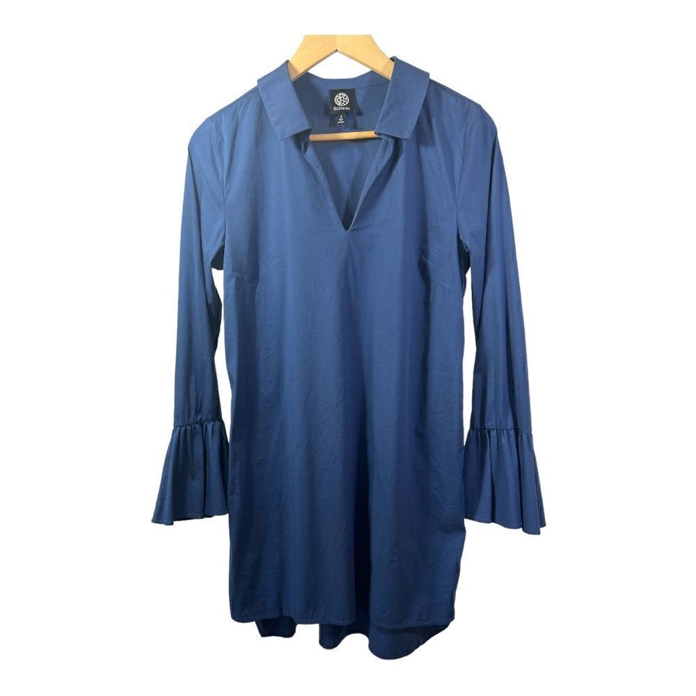 BOBEAU Women’s Bell Cuff Cotton Mini Shirt Dress Blue Size Small